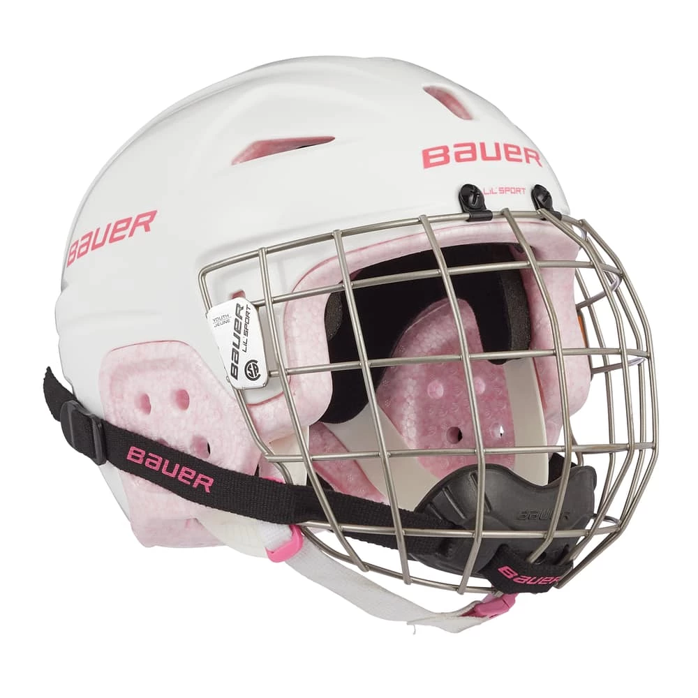 Bauer Lil' Sport Youth Hockey Helmet & Cage Combo, White & Pink - Image 2